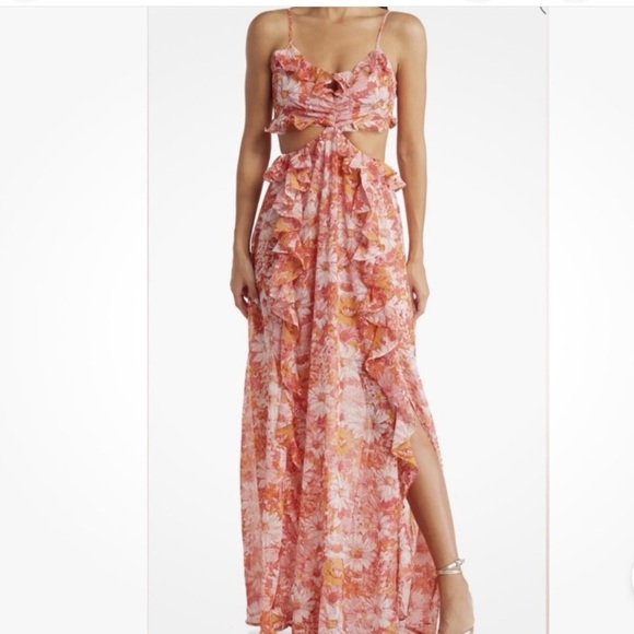 ASTR THE LABEL Anthropologie Palace Floral Cutout Ruffle Maxi Pink Yellow XS - Picture 1 of 8